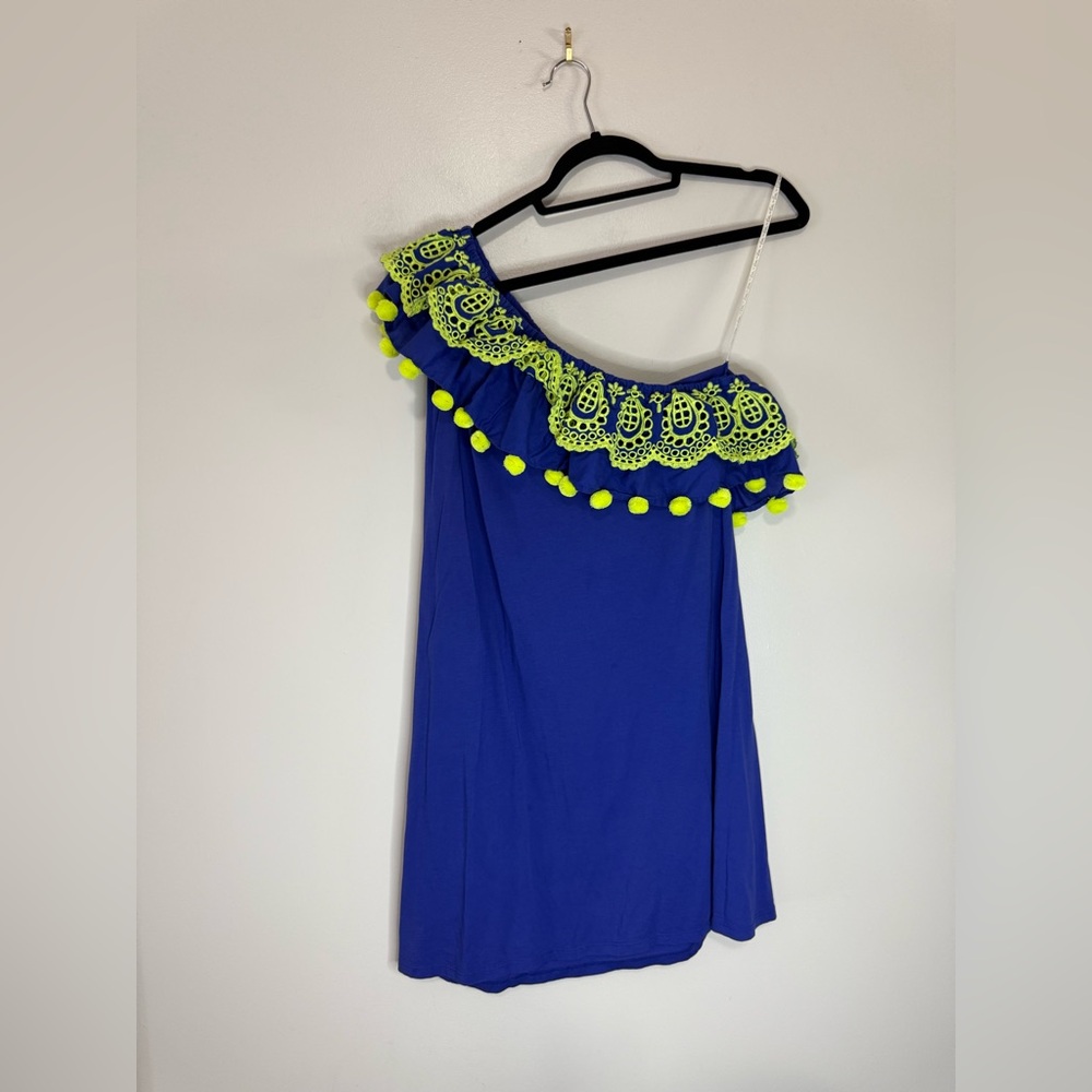Lilly Pulitzer One-Shoulder Royal Blue Dress with Neon Yellow Trim size large